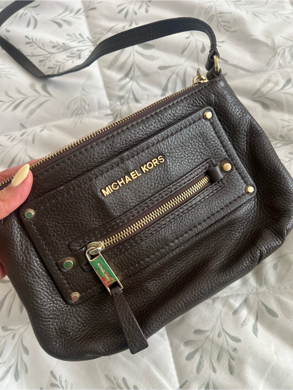 Michael Kors Dark Brown Pebbled Leather Mini Crossbody with Gold Hardware
